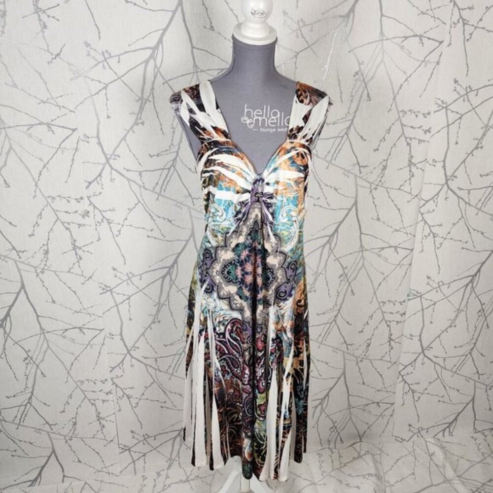 Reina Artsy Paisley Stretch Knit Scoop Back Y2K Midi Dress